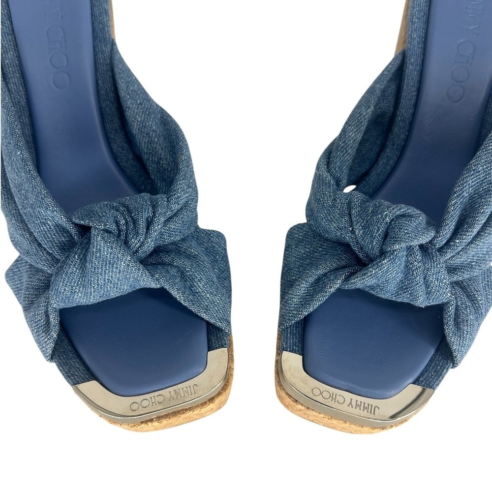 Jimmy Choo Avenue 110 Denim Wedge Sandals Knotted Upper 37 - Picture 11 of 16